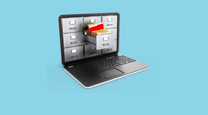 Laptop drawers on blue background